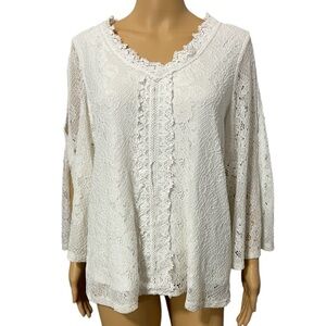 Cable & Gauge Lacy Pullover Top Lined with Bell Split Sleeve Size L